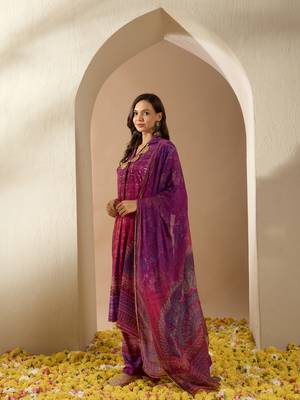 Ziyaa purple color summer cool straight kurta, palazzo and dupatta set 2