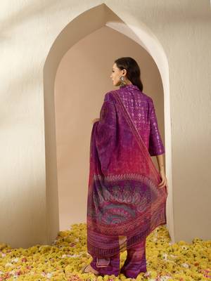 Ziyaa purple color summer cool straight kurta, palazzo and dupatta set 3