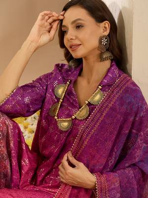 Ziyaa purple color summer cool straight kurta, palazzo and dupatta set 4