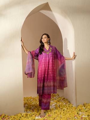 Ziyaa purple color summer cool straight kurta, palazzo and dupatta set 5
