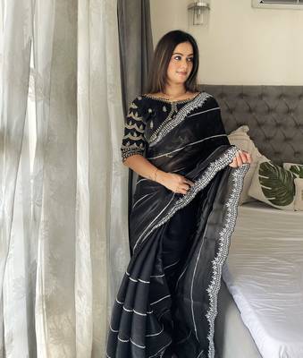 Black fancy jimmy chu embroidery work saree with embroidery stitched blouse 2
