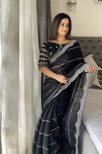 Black fancy jimmy chu embroidery work saree with embroidery stitched blouse