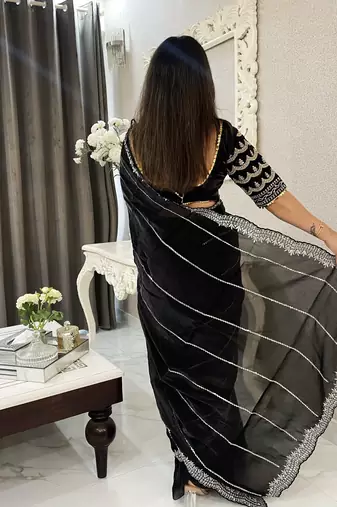 Black fancy jimmy chu embroidery work saree with embroidery stitched blouse