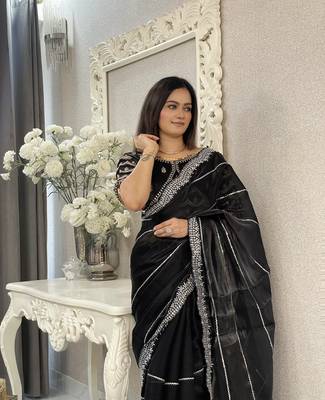 Black fancy jimmy chu embroidery work saree with embroidery stitched blouse 5