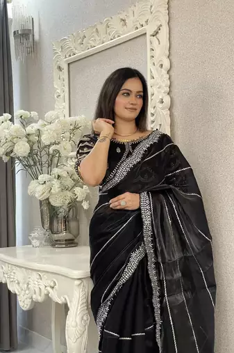 Black fancy jimmy chu embroidery work saree with embroidery stitched blouse
