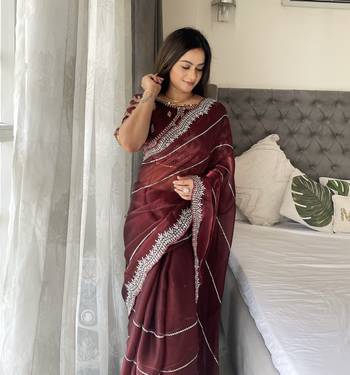 Maroon fancy jimmy chu embroidery work saree with embroidery stitched blouse 2