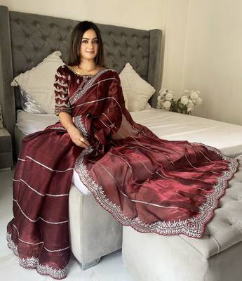 Maroon fancy jimmy chu embroidery work saree with embroidery stitched blouse 1