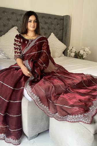 Maroon fancy jimmy chu embroidery work saree with embroidery stitched blouse