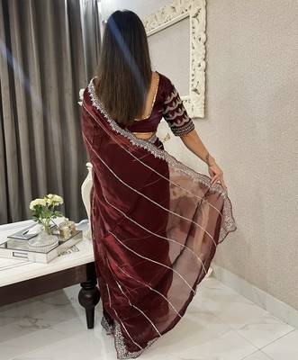 Maroon fancy jimmy chu embroidery work saree with embroidery stitched blouse 4