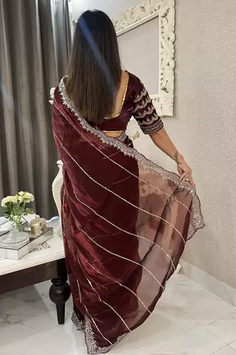 Maroon fancy jimmy chu embroidery work saree with embroidery stitched blouse