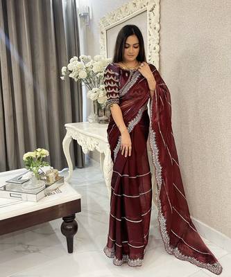 Maroon fancy jimmy chu embroidery work saree with embroidery stitched blouse 5