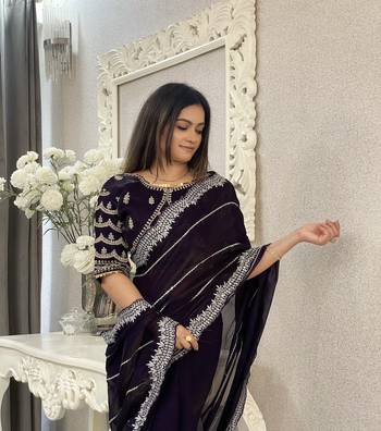 Dark purple fancy jimmy chu embroidery work saree with embroidery stitched blouse 2
