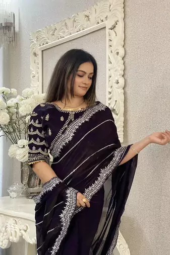 Dark purple fancy jimmy chu embroidery work saree with embroidery stitched blouse