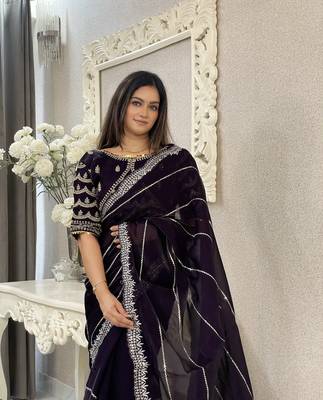Dark purple fancy jimmy chu embroidery work saree with embroidery stitched blouse 3