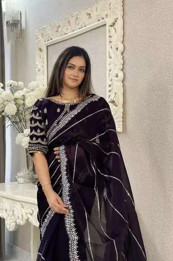 Dark purple fancy jimmy chu embroidery work saree with embroidery stitched blouse