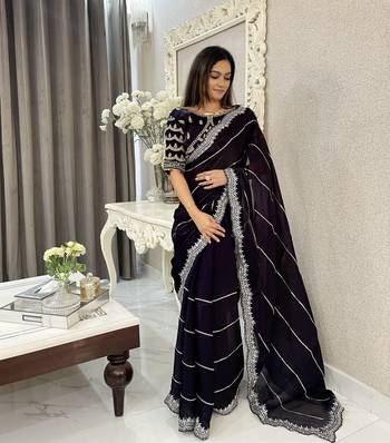 Dark purple fancy jimmy chu embroidery work saree with embroidery stitched blouse 4