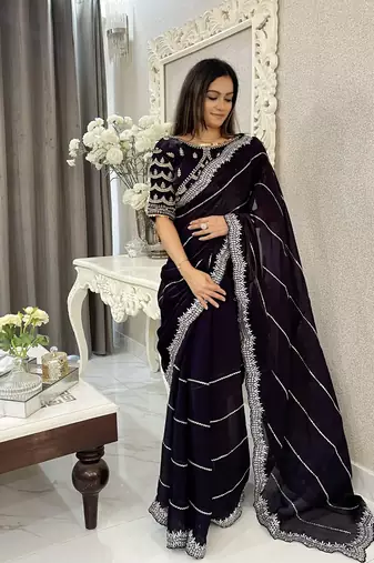 Dark purple fancy jimmy chu embroidery work saree with embroidery stitched blouse