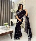 Dark purple fancy jimmy chu embroidery work saree with embroidery stitched blouse