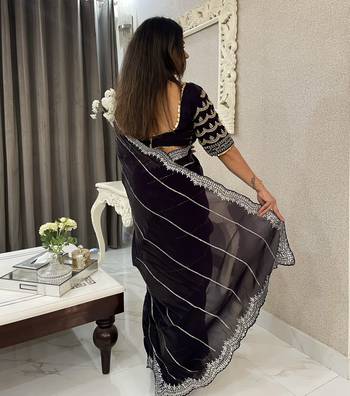 Dark purple fancy jimmy chu embroidery work saree with embroidery stitched blouse 5