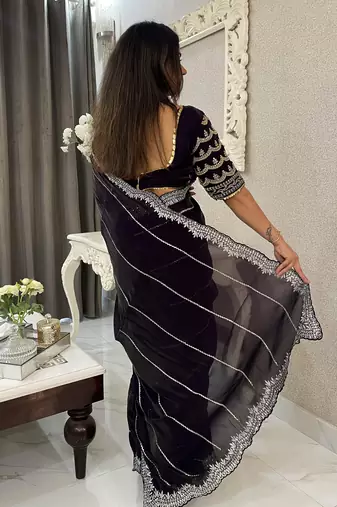 Dark purple fancy jimmy chu embroidery work saree with embroidery stitched blouse