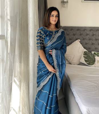 Light blue fancy jimmy chu embroidery work saree with embroidery stitched blouse 2