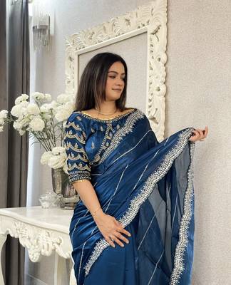 Light blue fancy jimmy chu embroidery work saree with embroidery stitched blouse 4