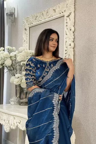 Light blue fancy jimmy chu embroidery work saree with embroidery stitched blouse