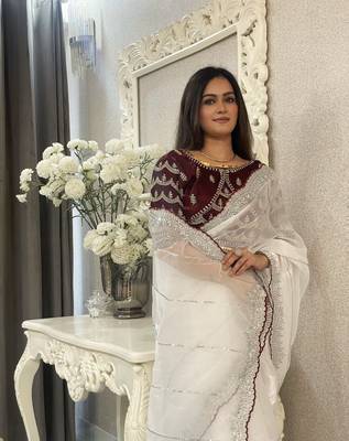 white fancy jimmy chu embroidery work saree with embroidery stitched blouse 2