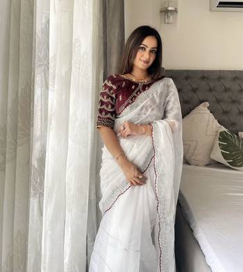 white fancy jimmy chu embroidery work saree with embroidery stitched blouse 3