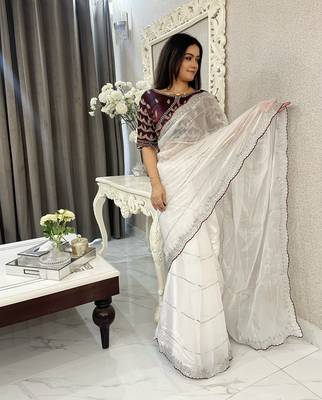 white fancy jimmy chu embroidery work saree with embroidery stitched blouse 1