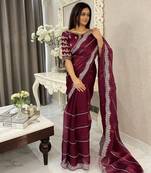 Purple fancy jimmy chu embroidery work saree with embroidery stitched blouse