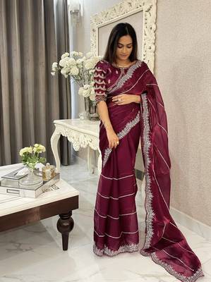 Purple fancy jimmy chu embroidery work saree with embroidery stitched blouse 3