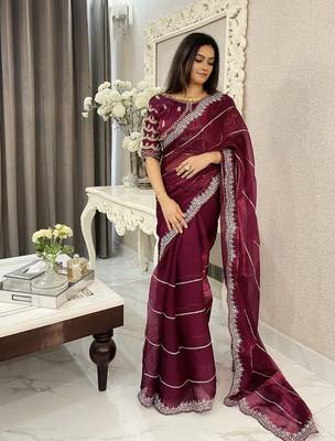 Purple fancy jimmy chu embroidery work saree with embroidery stitched blouse 4