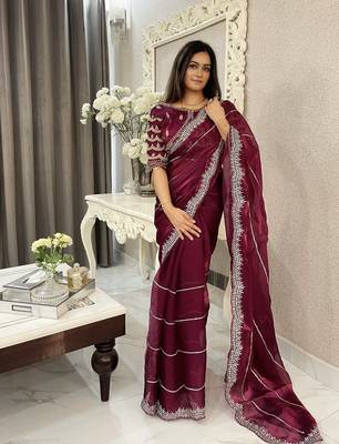 Purple fancy jimmy chu embroidery work saree with embroidery stitched blouse 5