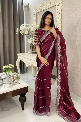 Purple fancy jimmy chu embroidery work saree with embroidery stitched blouse