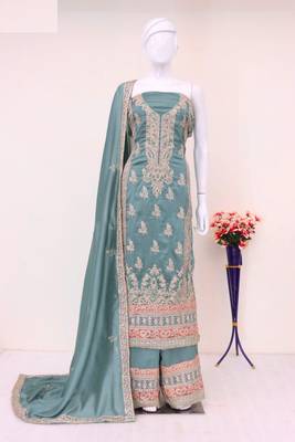 Light green heavy embroidery semi stitched silk wedding palazzo suits 3