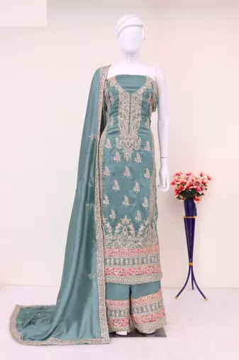 Light green heavy embroidery semi stitched silk wedding palazzo suits