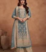 Light blue heavy embroidery semi stitched silk wedding palazzo suits