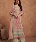 Light peach heavy embroidery semi stitched silk wedding palazzo suits