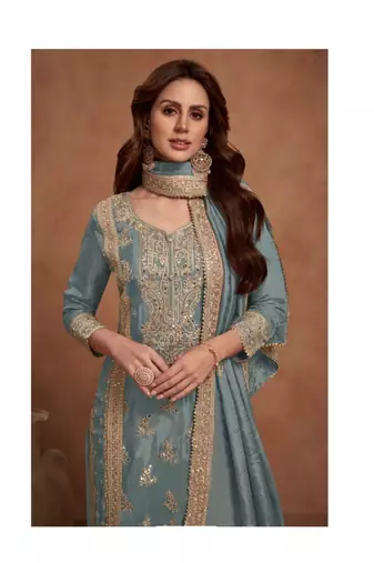 Light blue heavy embroidery semi stitched silk wedding palazzo suits
