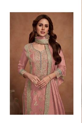 Light peach heavy embroidery semi stitched silk wedding palazzo suits 2