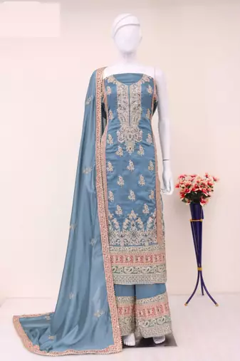 Light blue heavy embroidery semi stitched silk wedding palazzo suits