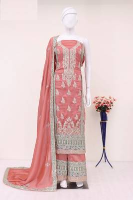 Light peach heavy embroidery semi stitched silk wedding palazzo suits 3