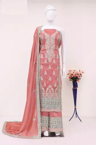 Light peach heavy embroidery semi stitched silk wedding palazzo suits