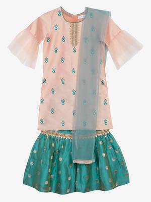 Saka designs peach & rama green kurta sharara with hand embroidery and lace work 1