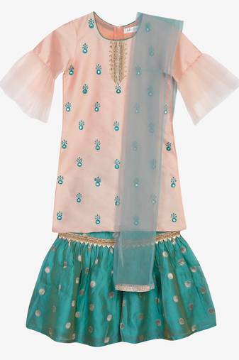 Saka designs peach & rama green kurta sharara with hand embroidery and lace work