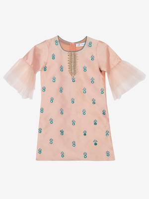 Saka designs peach & rama green kurta sharara with hand embroidery and lace work 2