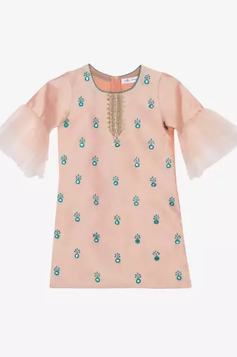 Saka designs peach & rama green kurta sharara with hand embroidery and lace work