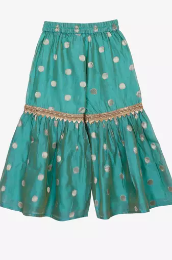 Saka designs peach & rama green kurta sharara with hand embroidery and lace work