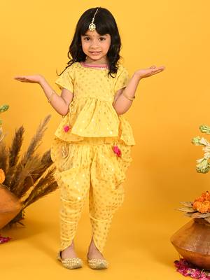 Saka designs yellow and gold jhabla & dhoti with pom pom and lace detalling 1